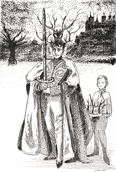 ink drawing of a spooky scene with a king wearing a strange crown, holding a sword, and his assistant holding a different crown